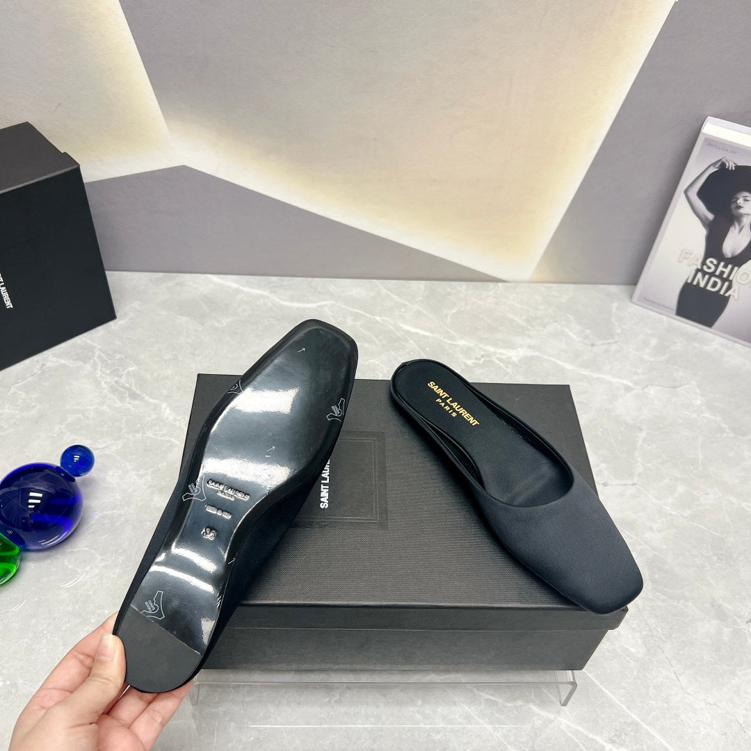 SL SQUARE TOE FLAT MULES BLACK SATIN