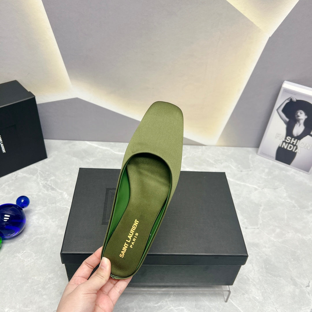 SL SQUARE TOE FLAT MULES MOSS SATIN