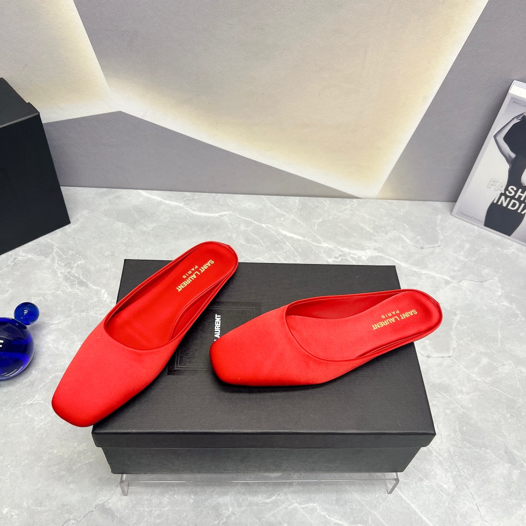 SL SQUARE TOE FLAT MULES RED SATIN