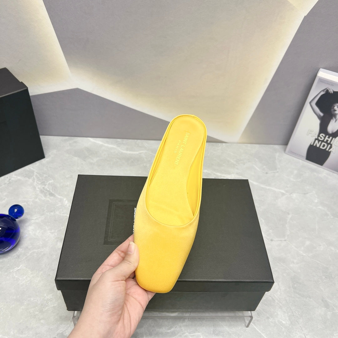 SL SQUARE TOE FLAT MULES LEMON SATIN