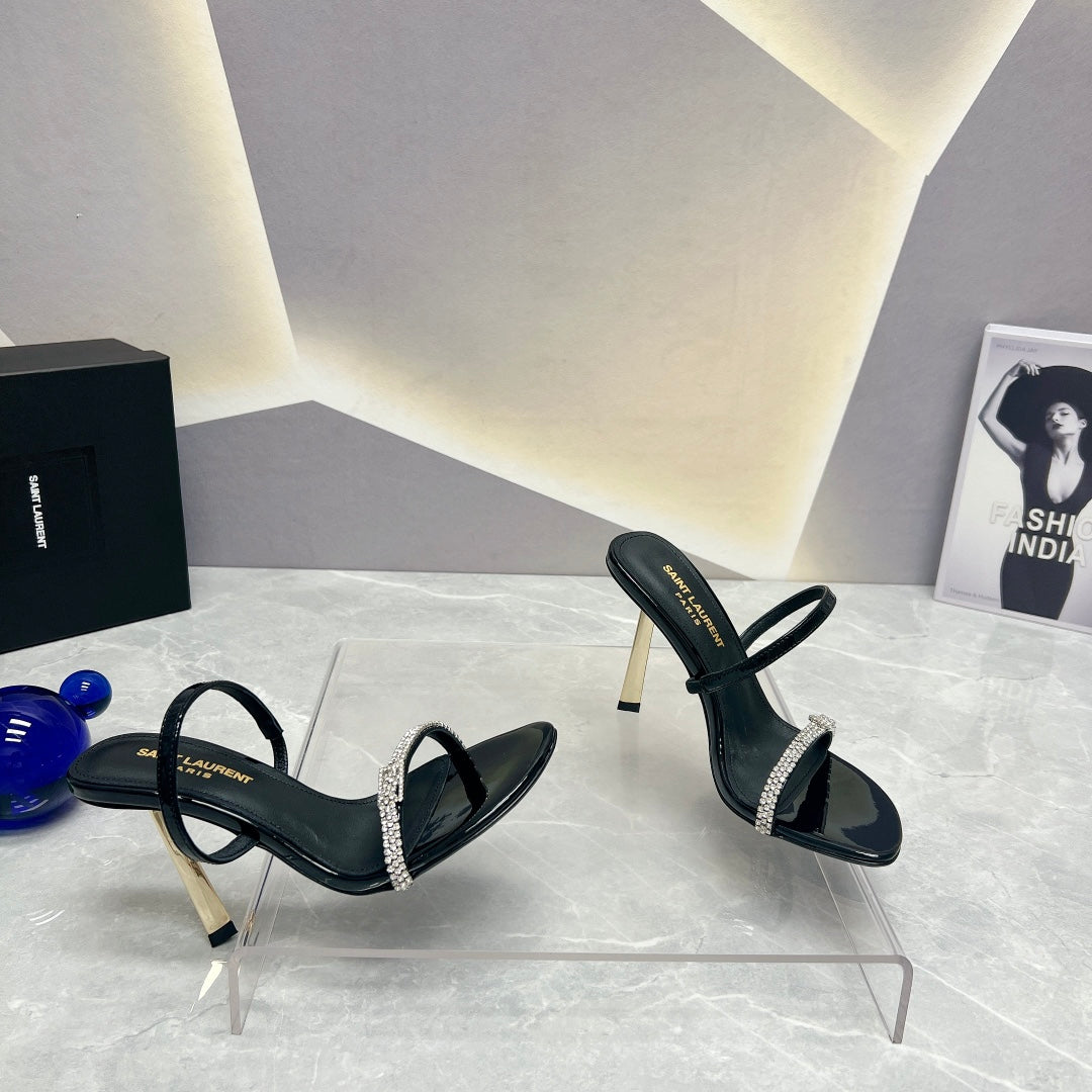 SL CRYSTAL THIN BELT HIGH HEELS BLACK CALFSKIN