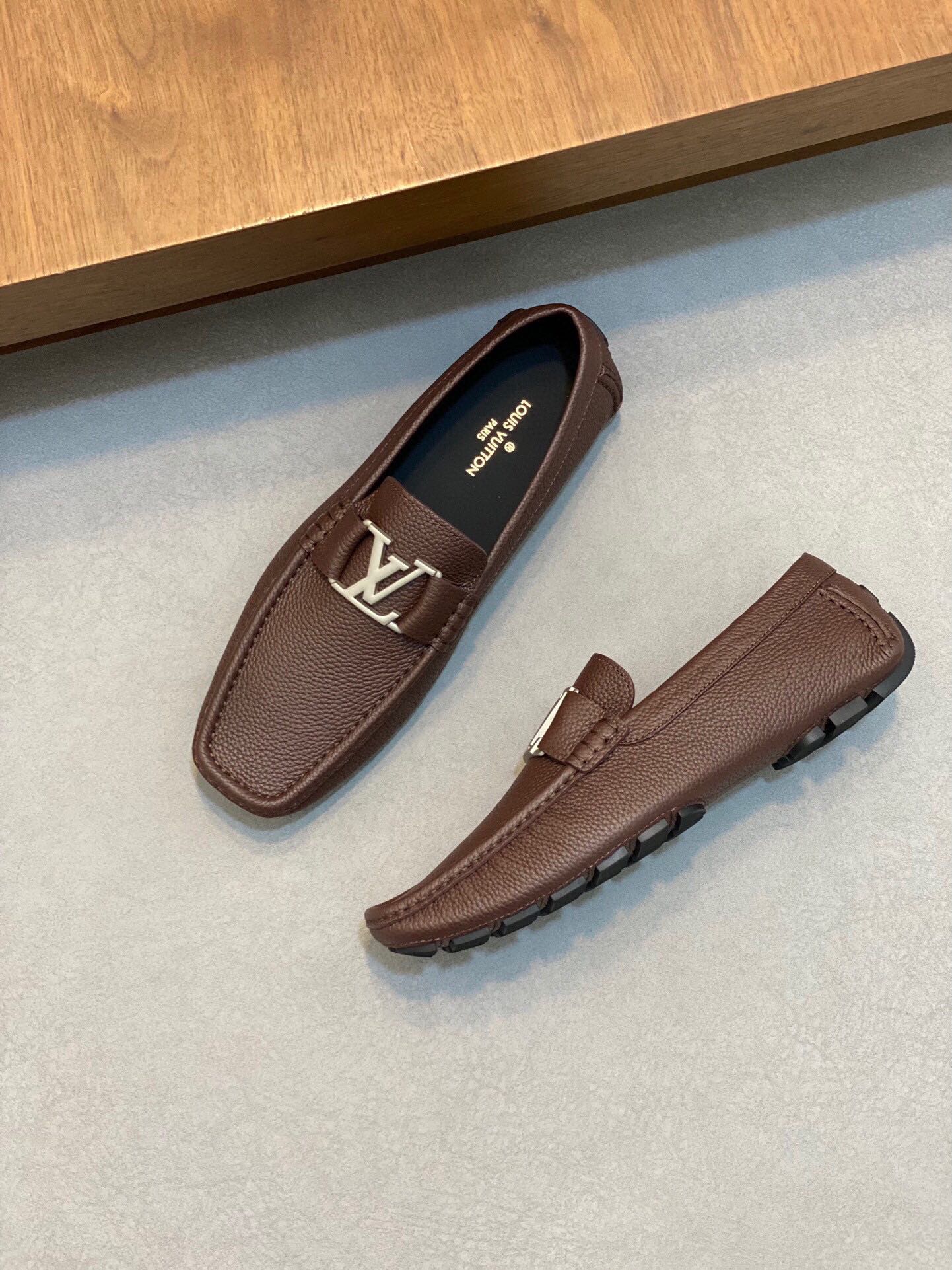 LV LOAFER IN CHOCOLATE BROWN WRINKLE CALFSKIN WITH SILVER LOGO