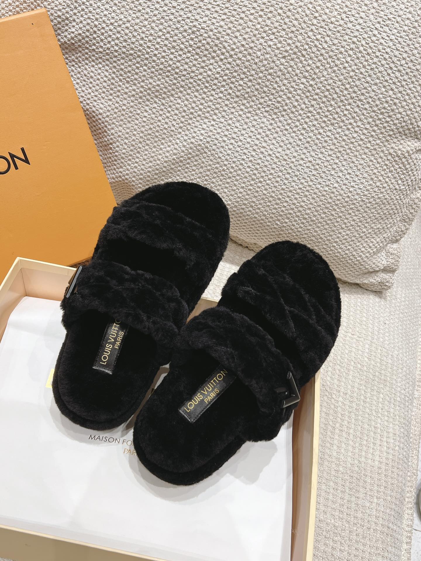 LV Sunset Platform Comfort Mule Black Wool