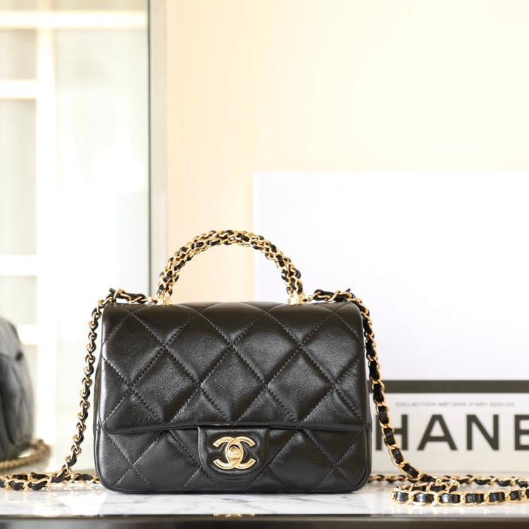 24B Mini Flap Bag With Top Handle 19cm Black Lambskin