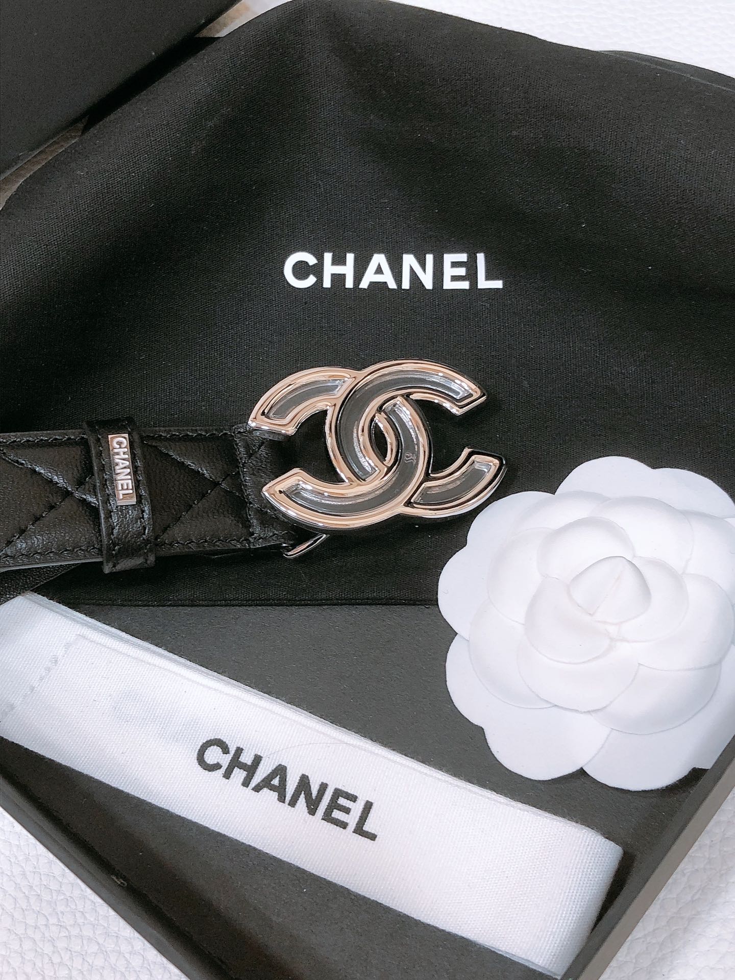 CHANEL BELT 3CM IN BLACK EMBROIDERED LAMBSKIN SILVER  HARDWARE