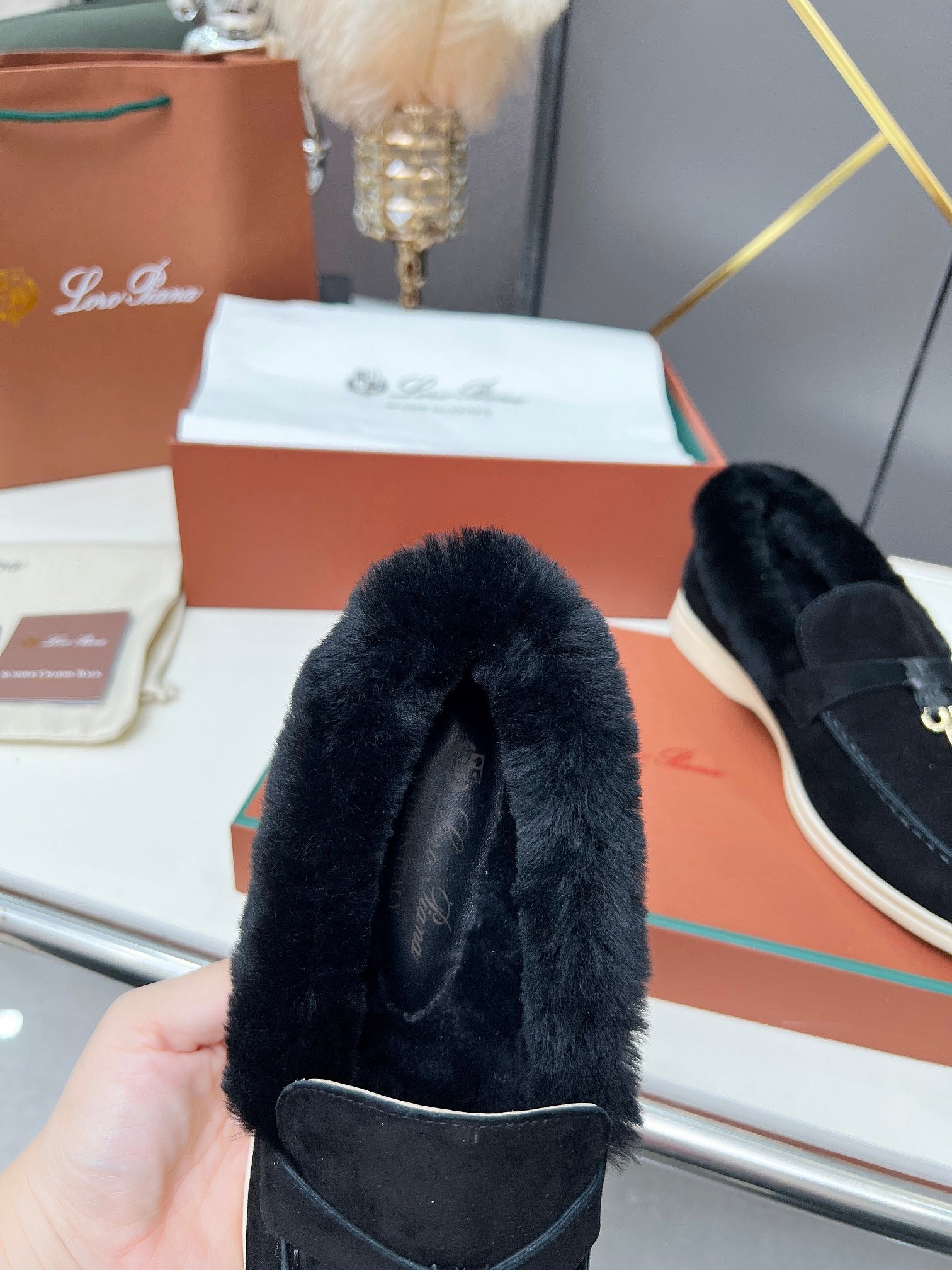 LP Summer Charm Walk Loafer Black Suede Lamb Fur