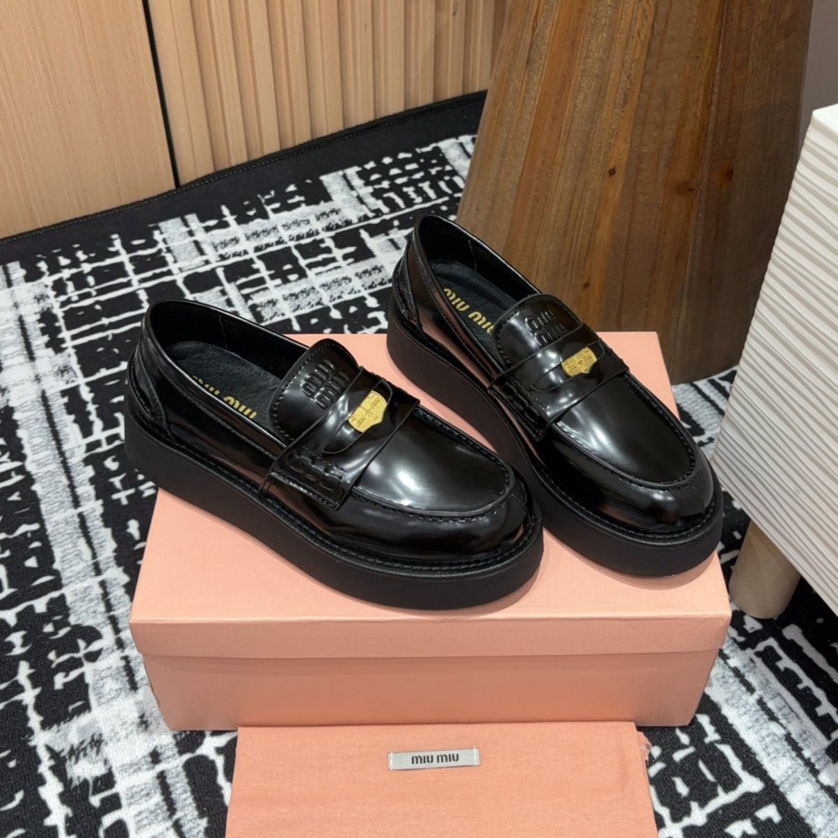 Miu Loafers Coin Shaped Thick Sole Glossy Black Cowhide