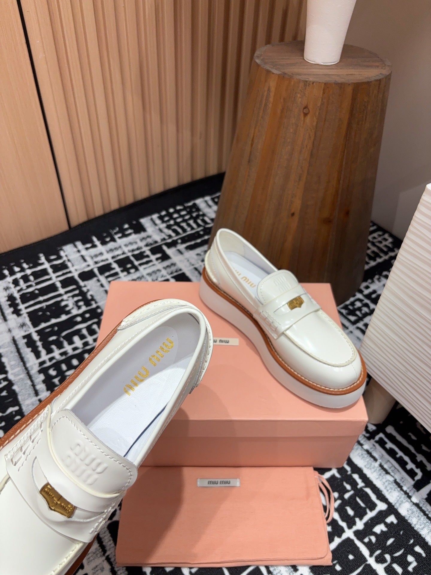 Miu Loafers Coin Shaped Thick Sole White With Brown Border Cowhide