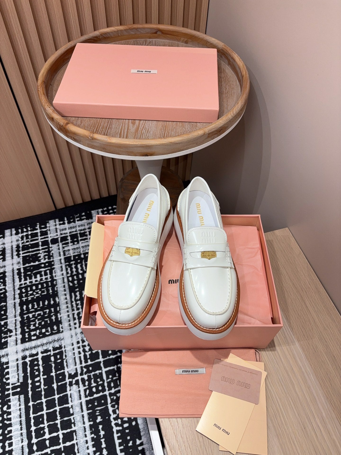 Miu Loafers Coin Shaped Thick Sole White With Brown Border Cowhide