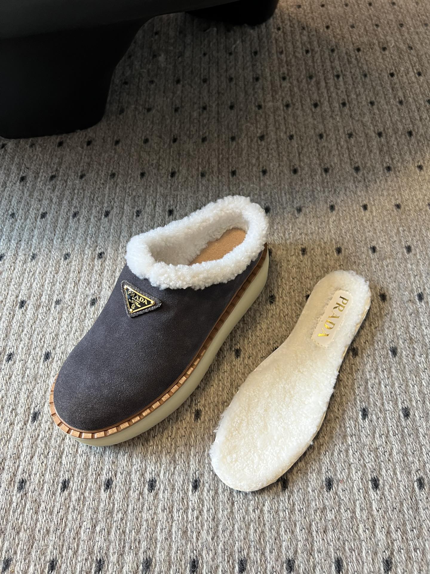 Prada 25s Furry Half-Cover Slippers Gray Suede And Wool 538427