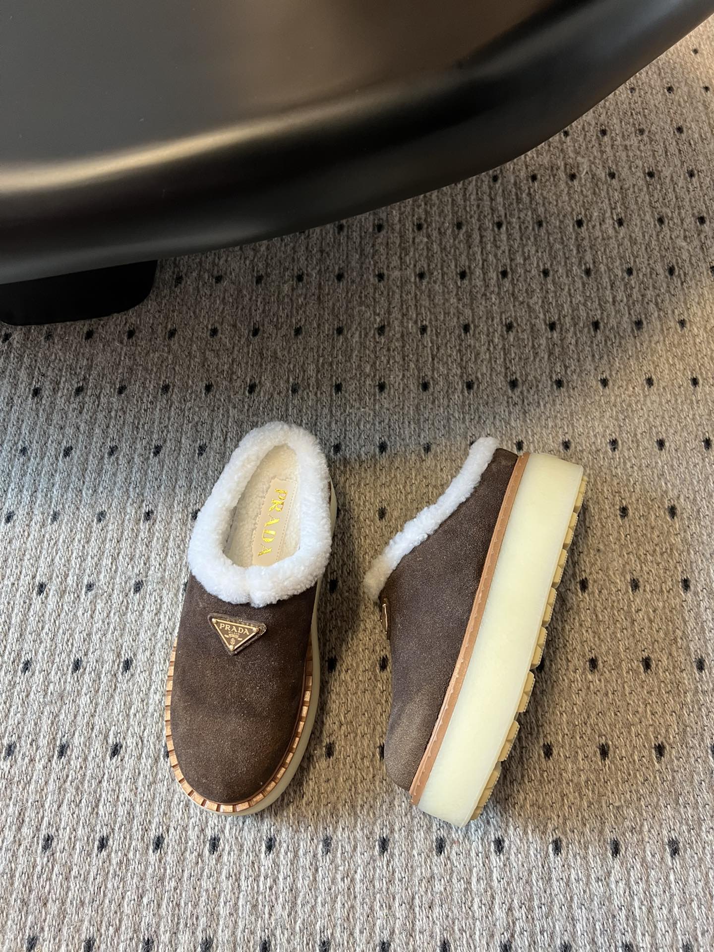 Prada 25s Furry Half-Cover Slippers Brown Suede And Wool 538428