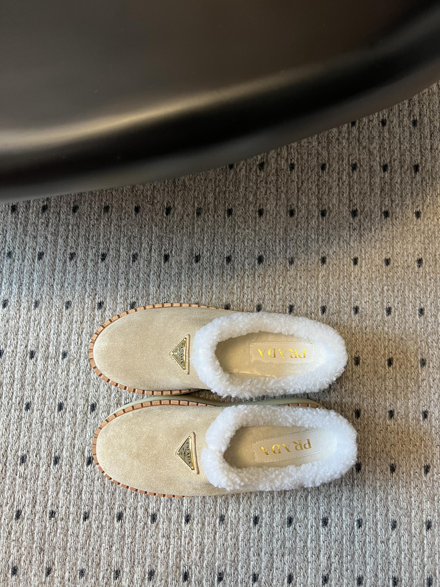 Prada 25s Furry Half-Cover Slippers Beige Suede And Wool 538429