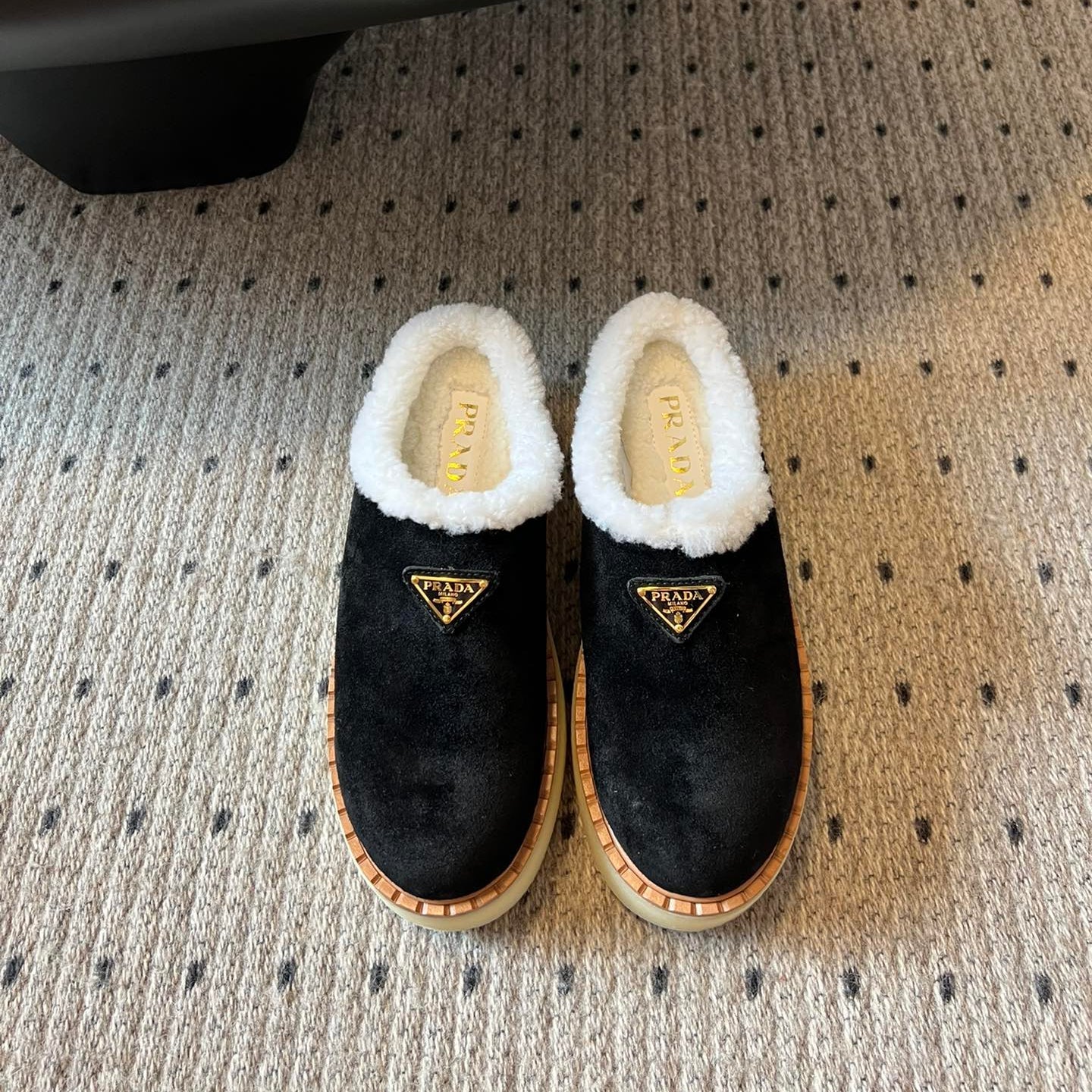 Prada 25s Furry Half-Cover Slippers Black Suede And Wool 538430