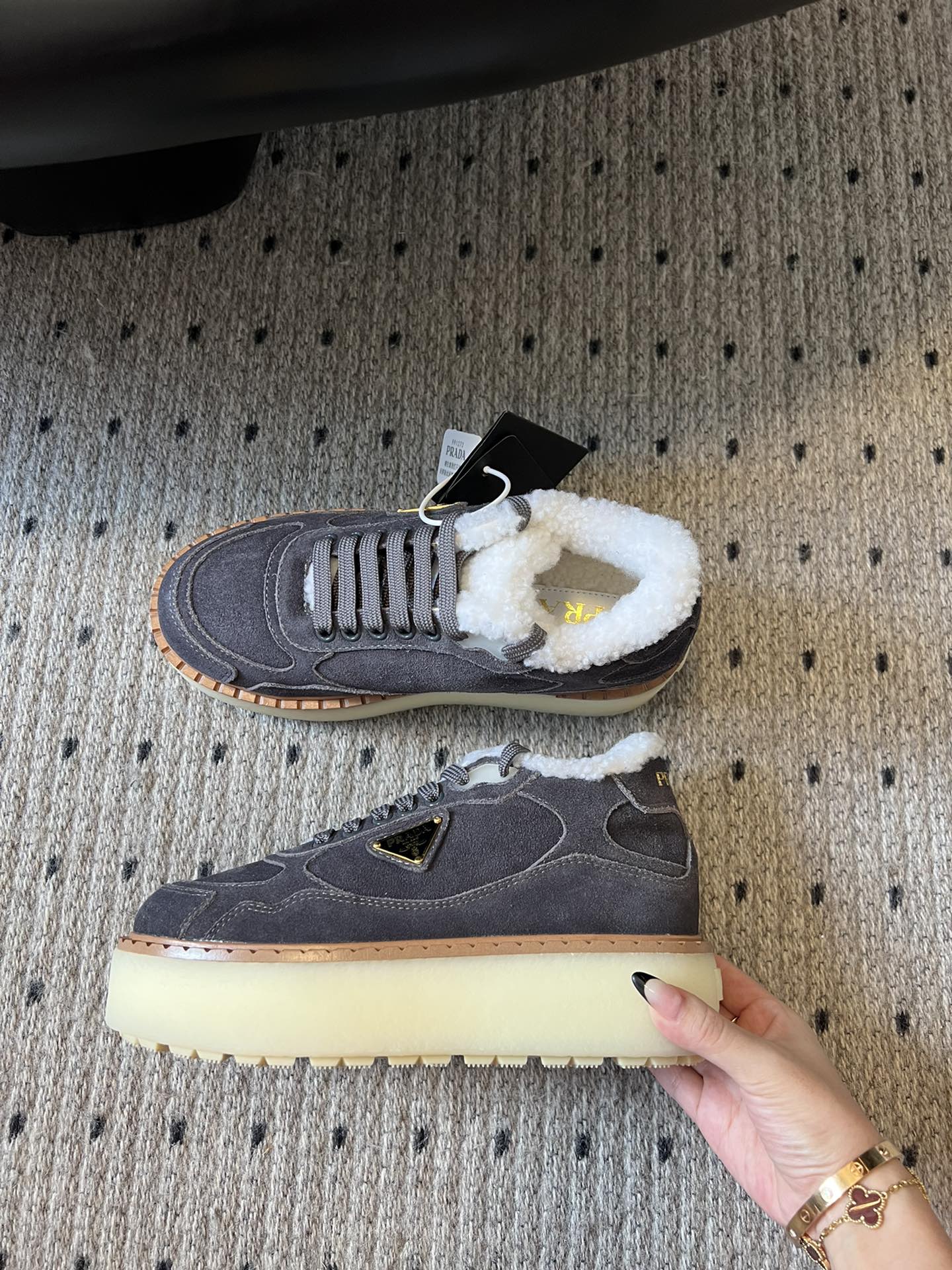 Prada 25s Mid-Top Sneaker Dark Gray Suede And Wool 538434