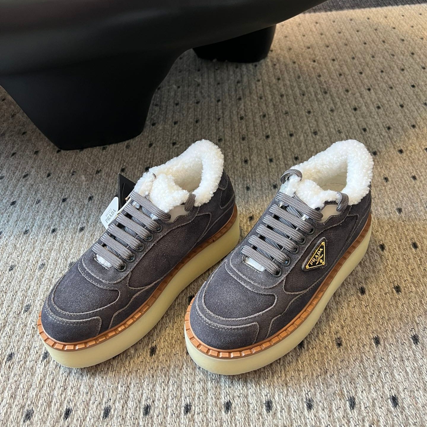 Prada 25s Mid-Top Sneaker Dark Gray Suede And Wool 538434