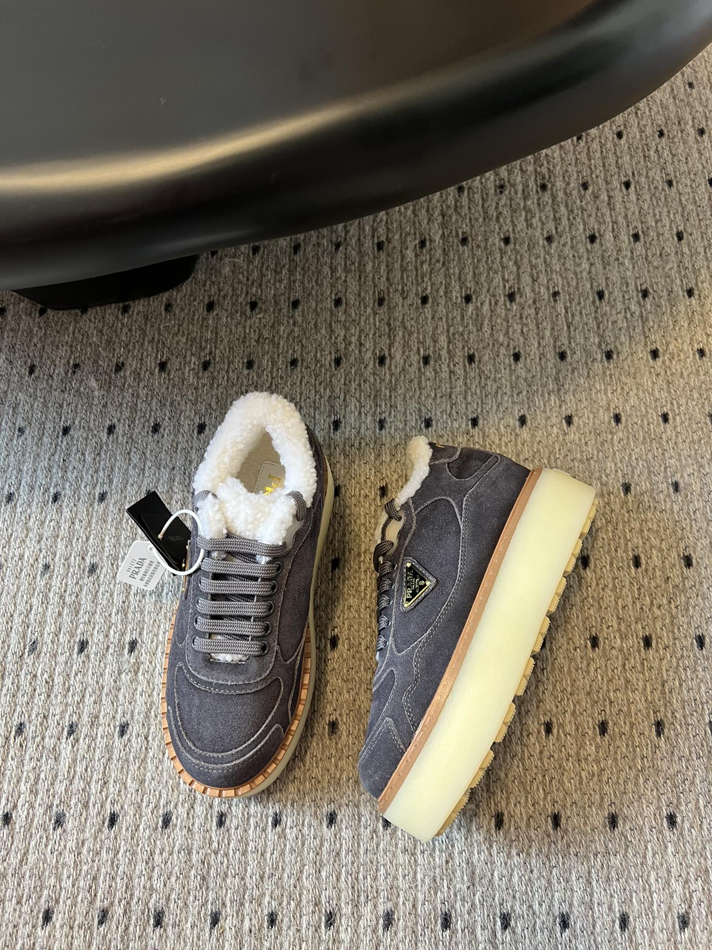 Prada 25s Mid-Top Sneaker Dark Gray Suede And Wool 538434