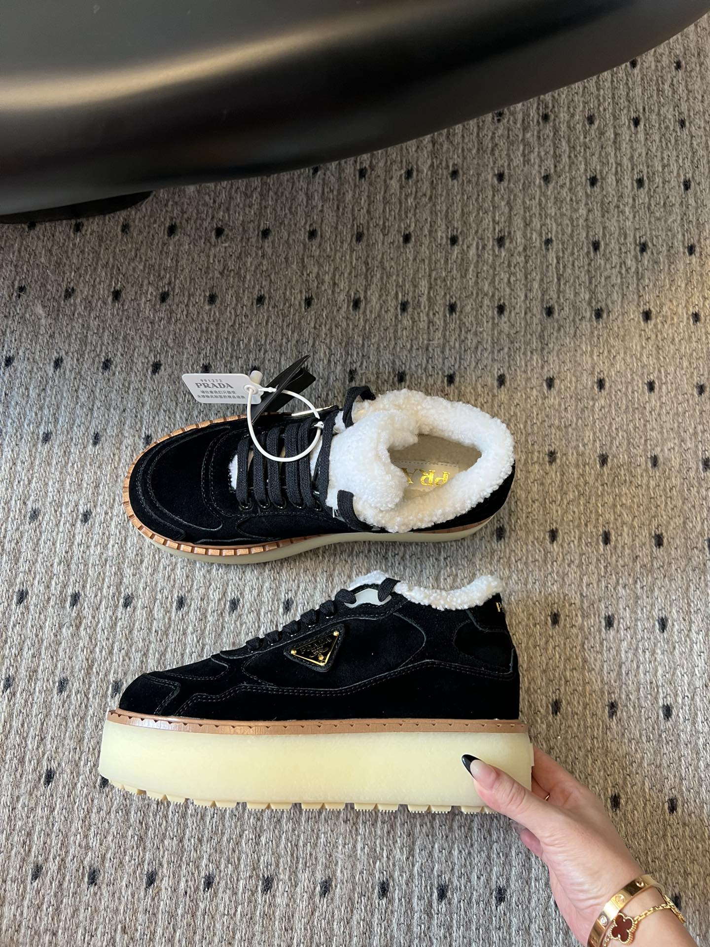 Prada 25s Mid-Top Sneaker Black Suede And Wool 538435