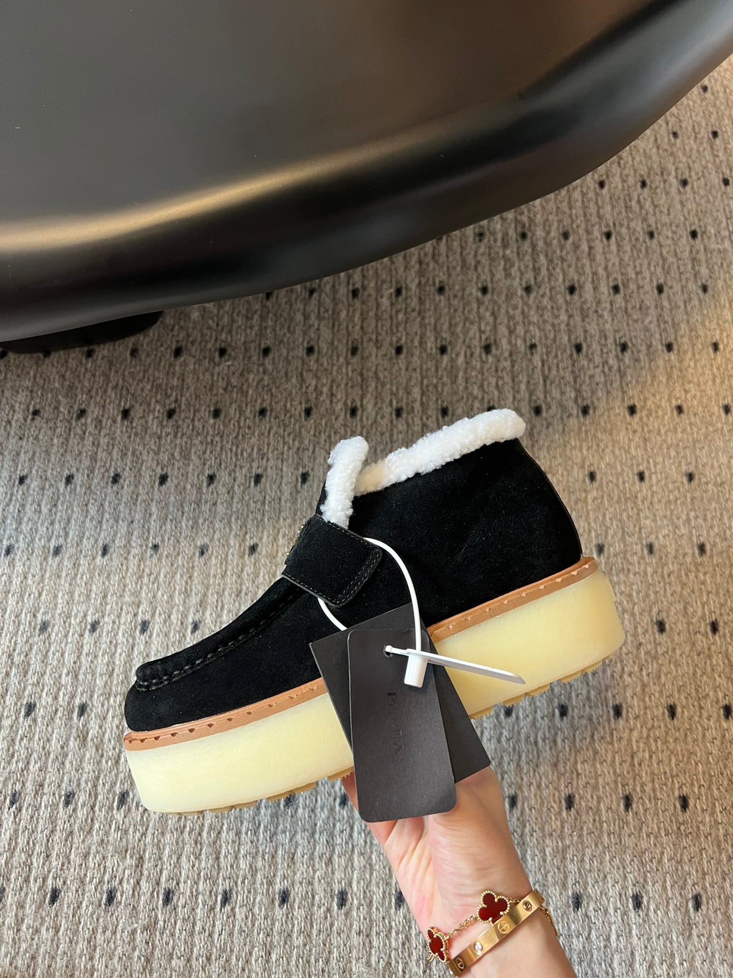 Prada 25s platform ankle boots black suede and wool 538437