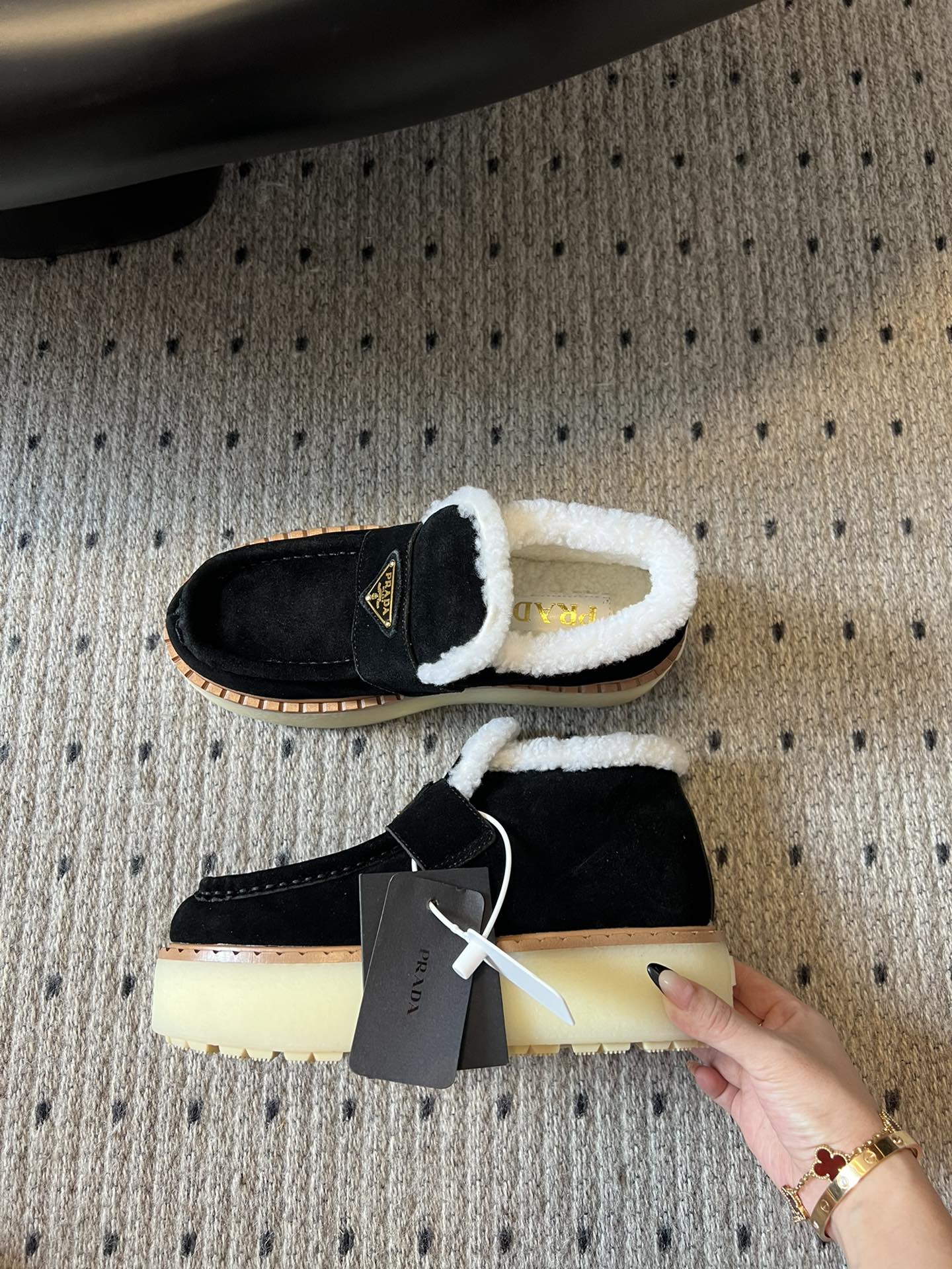 Prada 25s platform ankle boots black suede and wool 538437