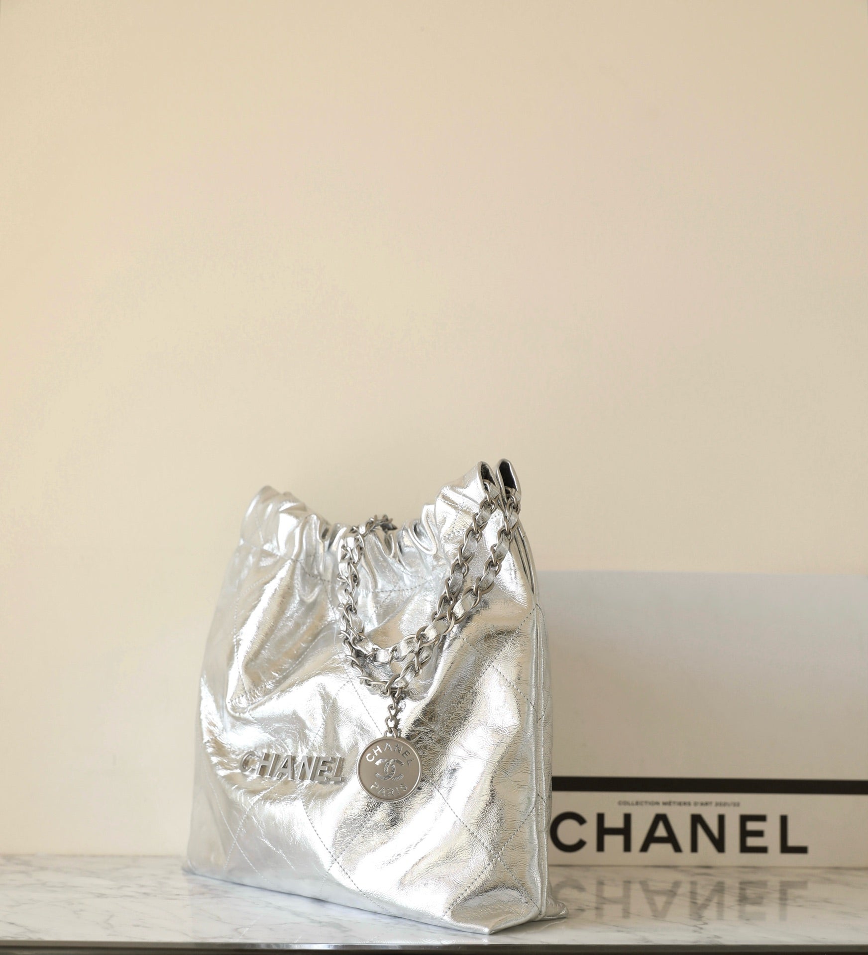 25C Hobo 22 Bag 35cm Silver Metalic Lambskin