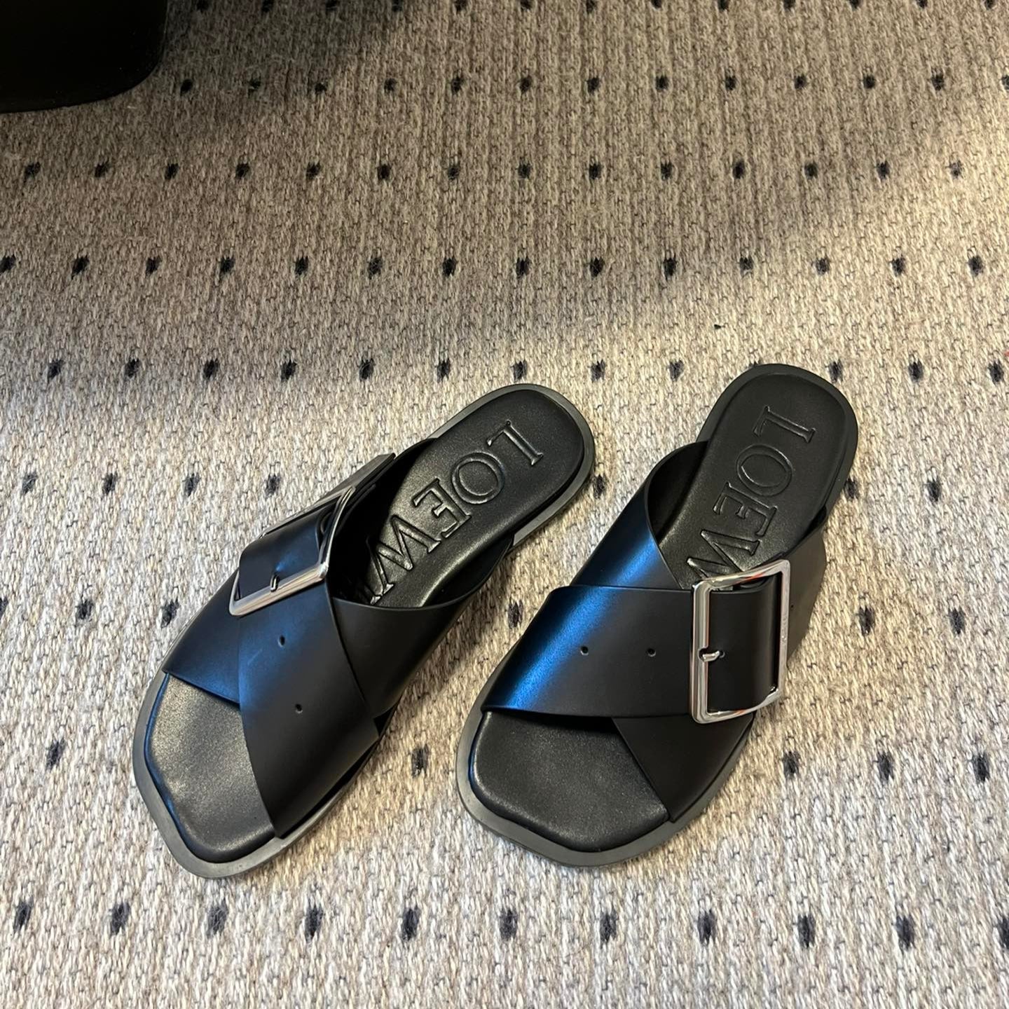 Loewe 25 Petal Belt Flat Sandals Black Sheepskin