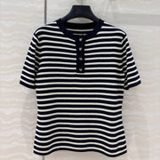 CD Striped Round-neck Knitted Top Navy Blue White Tencel