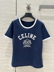 Celine 25 Arc de Triomphe Letter Short Sleeve T-shirt Navy Blue mix White Cotton