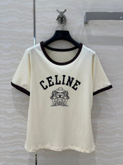 Celine 25 Arc de Triomphe Letter Short Sleeve T-shirt Off-white mix Black Cotton