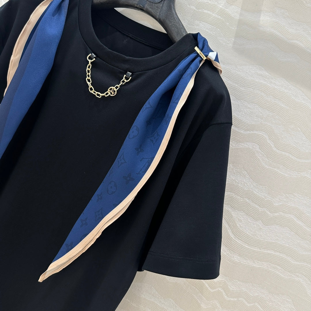LV High-Sense Silk Scarf T-shirt Black White Cotton