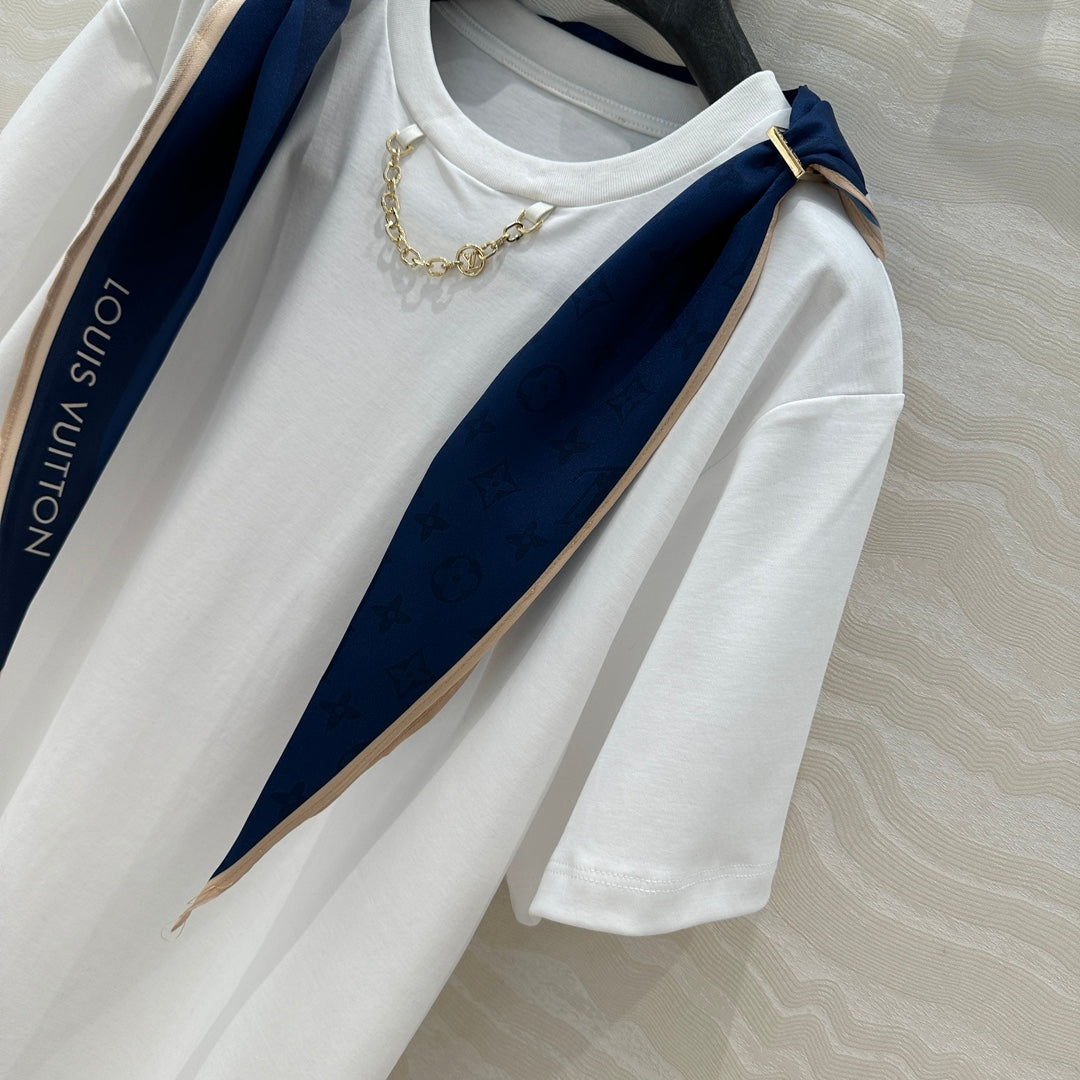 LV High-Sense Silk Scarf T-shirt Black White Cotton