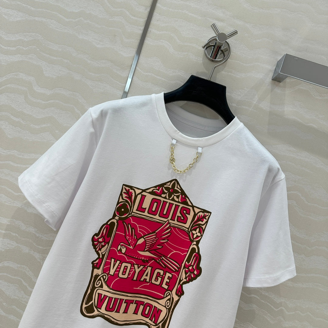 LV Floral Pattern Combined With Flying Birds White Pink Cotton