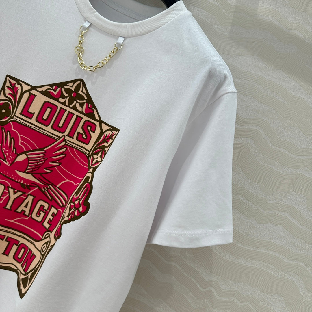 LV Floral Pattern Combined With Flying Birds White Pink Cotton