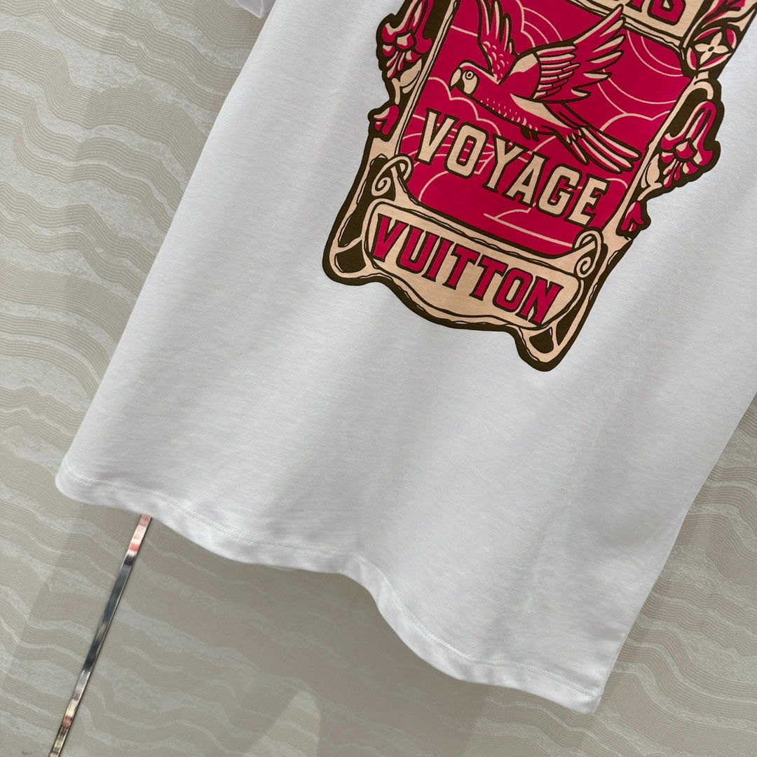 LV Floral Pattern Combined With Flying Birds White Pink Cotton