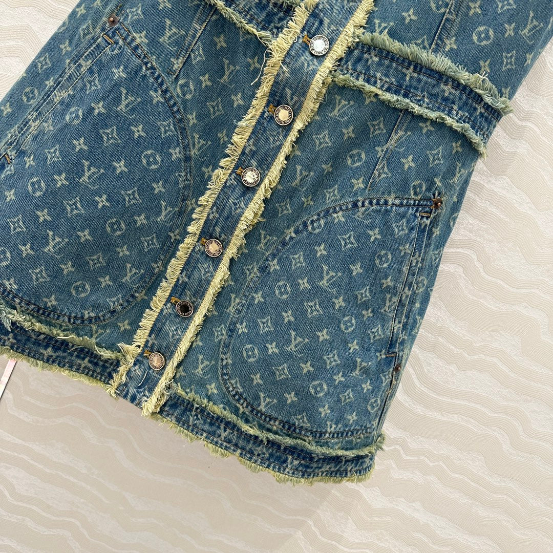 LV Hair Edge Craftsmanship Denim Dress Blue Cotton