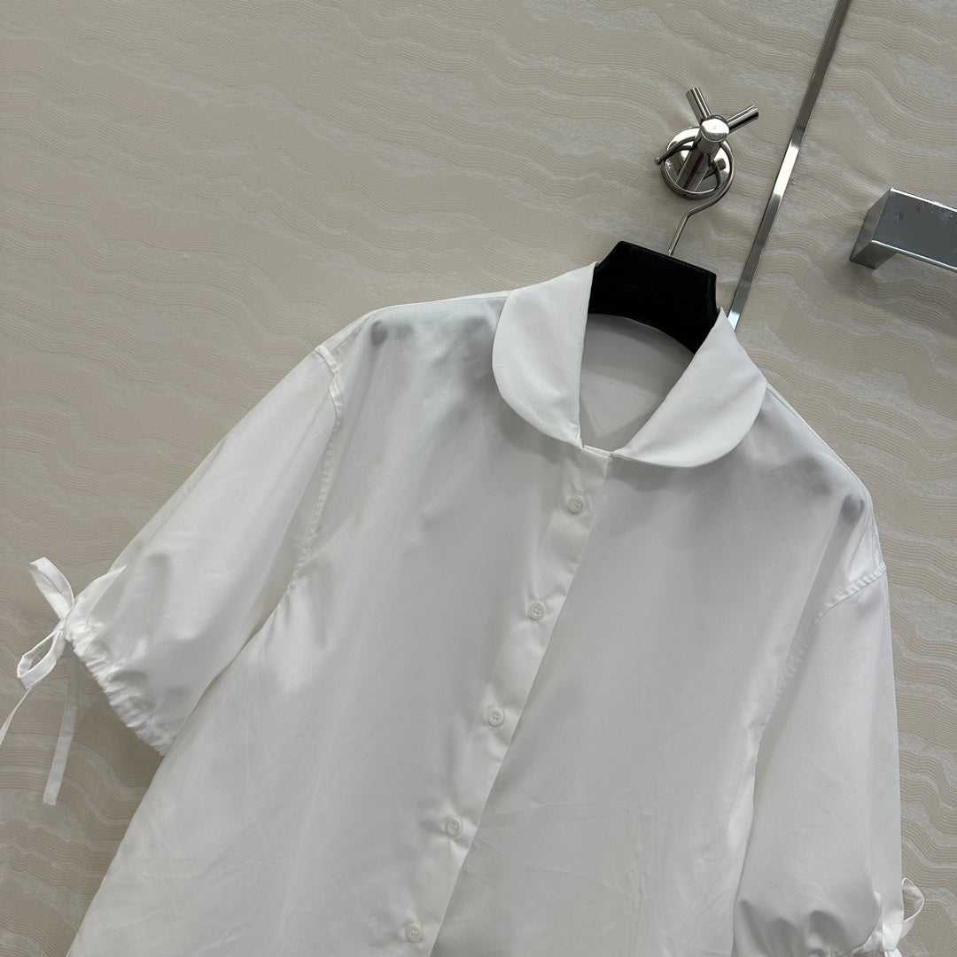 Prada Drawstring Lantern Sleeve Shirt White Cotton