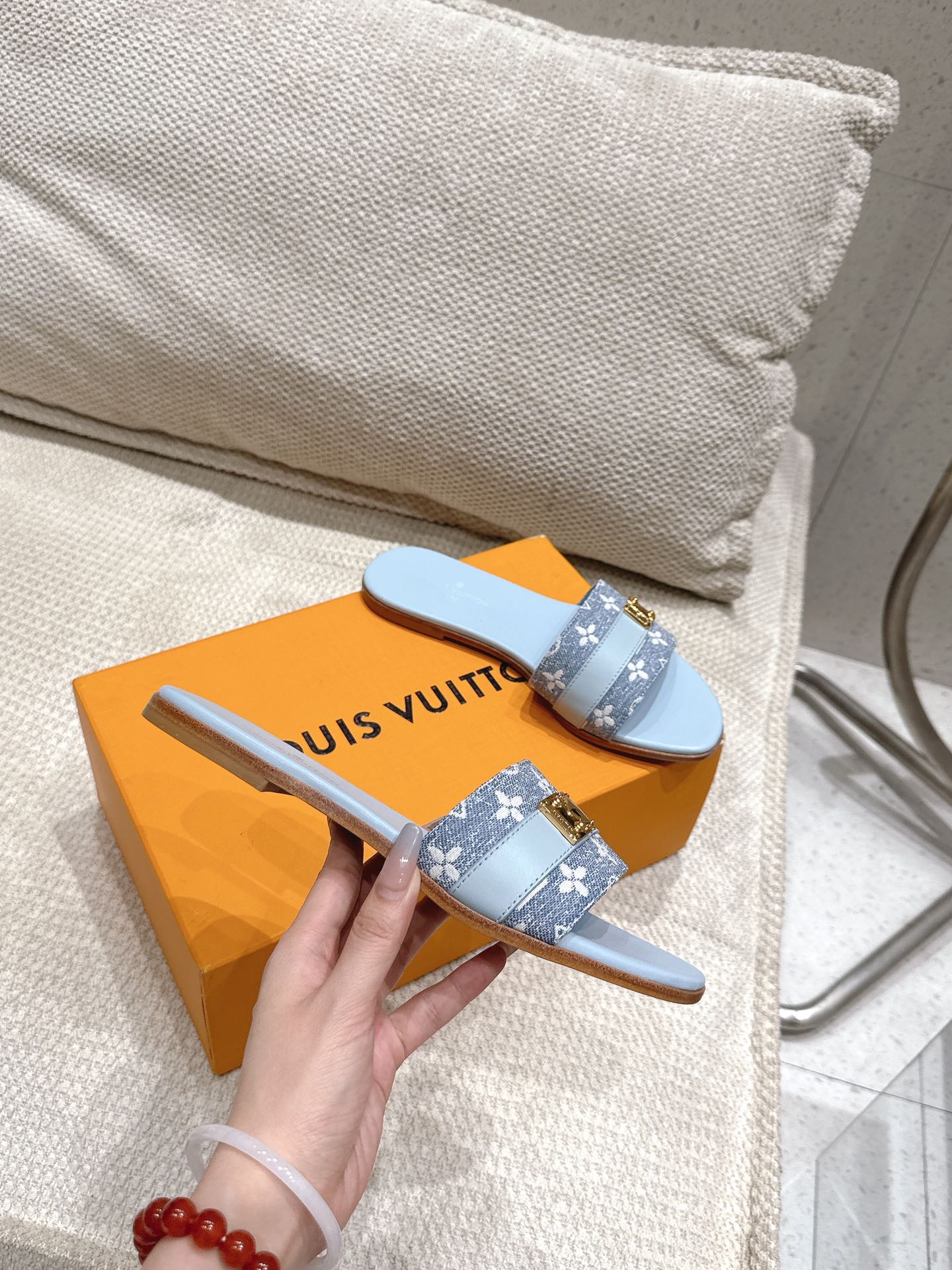 LV Flat Mules pairs raffia baby blue mix denim cowhide 383719