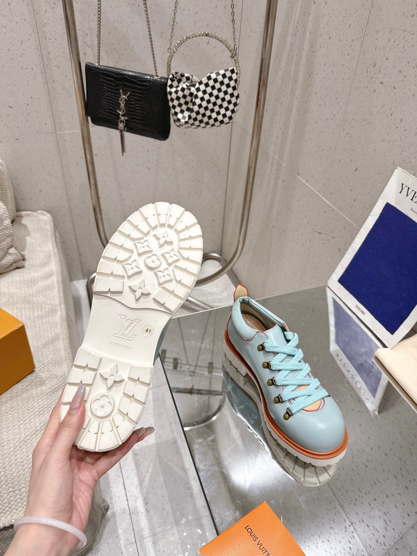 LV Pharrell and Nigo Hiking Shoes  Light Blue Orange Sheepskin 383740