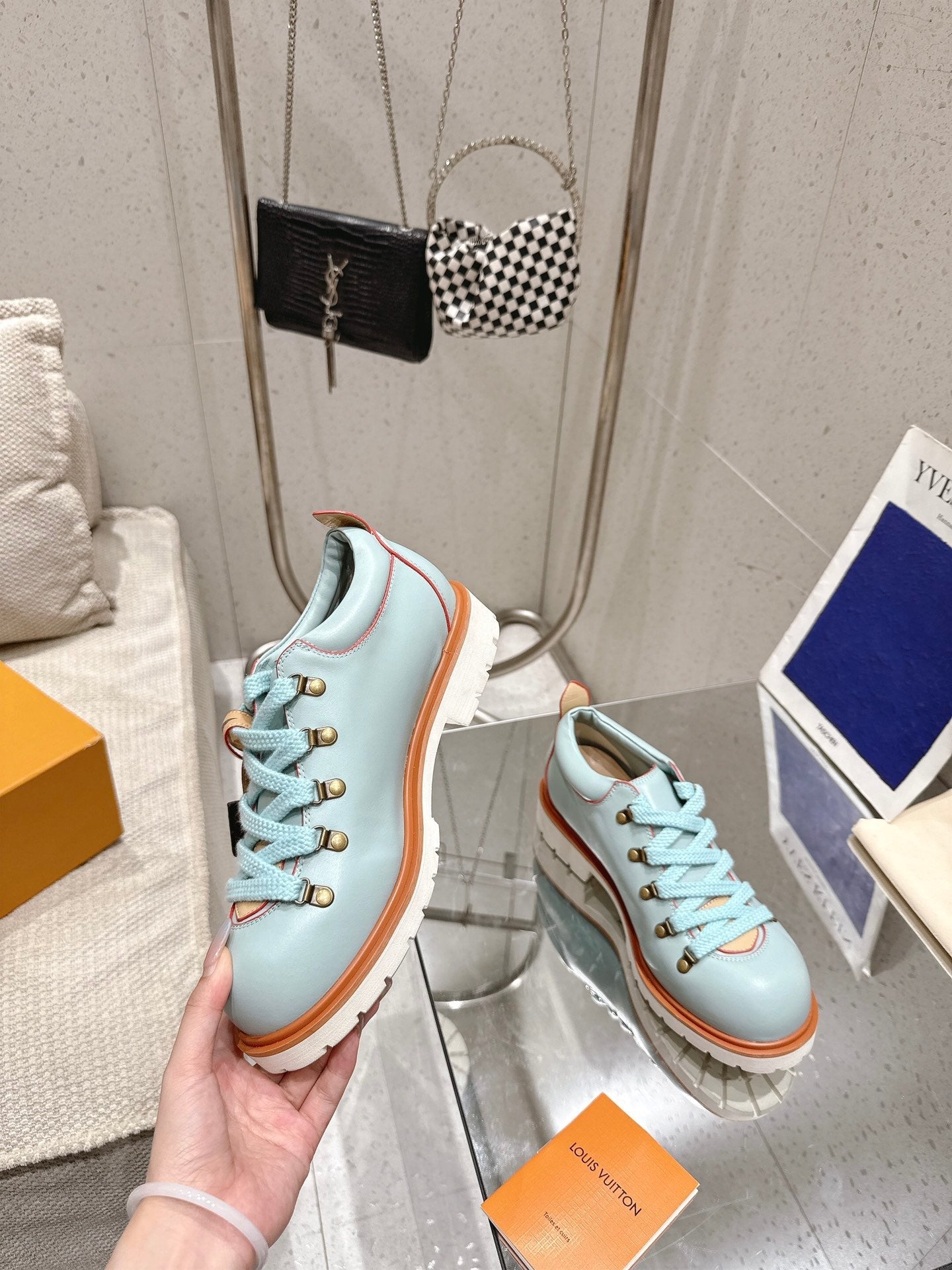LV Pharrell and Nigo Hiking Shoes  Light Blue Orange Sheepskin 383740
