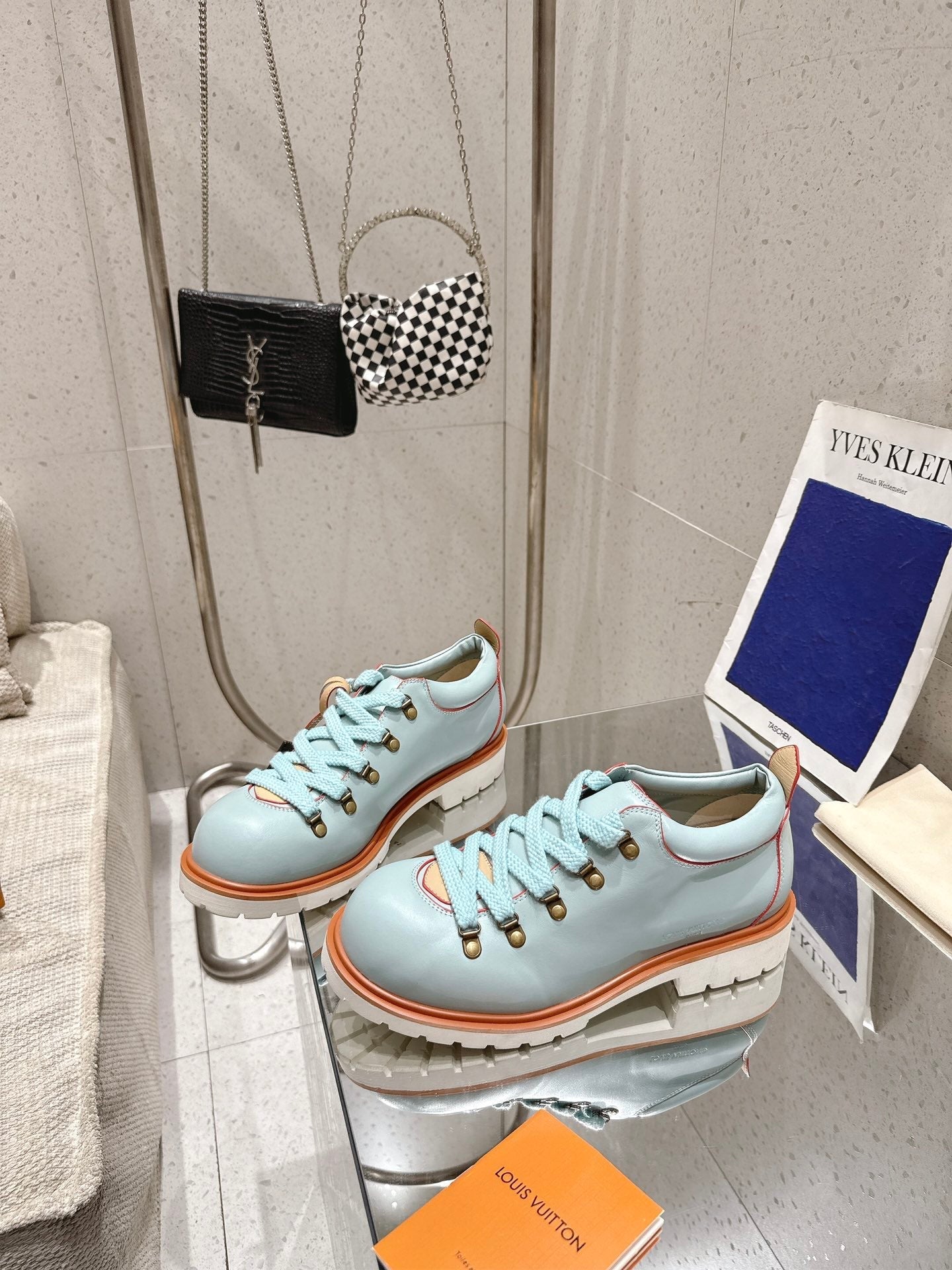 LV Pharrell and Nigo Hiking Shoes  Light Blue Orange Sheepskin 383740