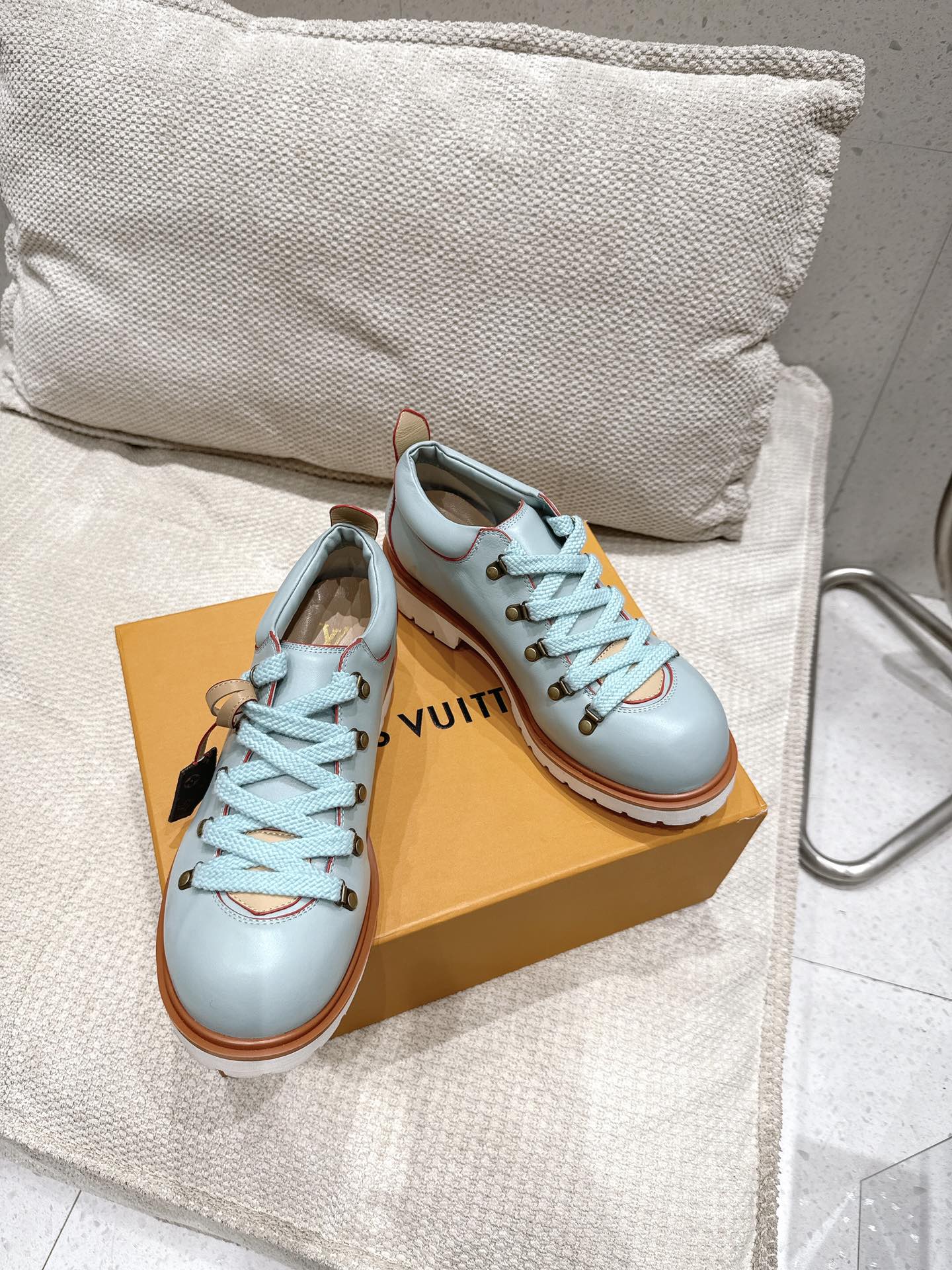 LV Pharrell and Nigo Hiking Shoes  Light Blue Orange Sheepskin 383740
