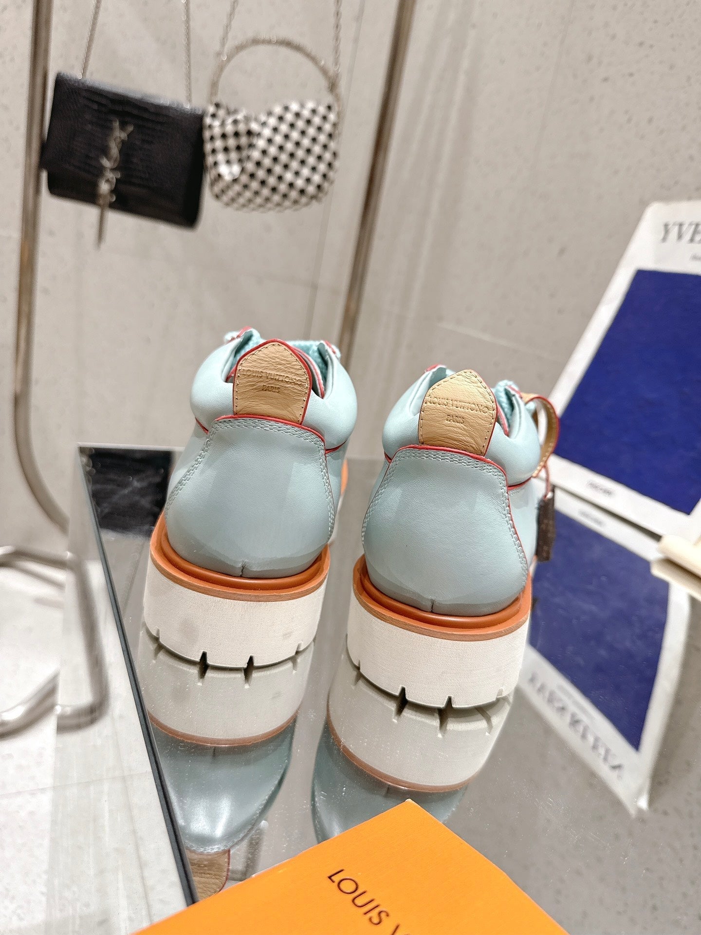 LV Pharrell and Nigo Hiking Shoes  Light Blue Orange Sheepskin 383740