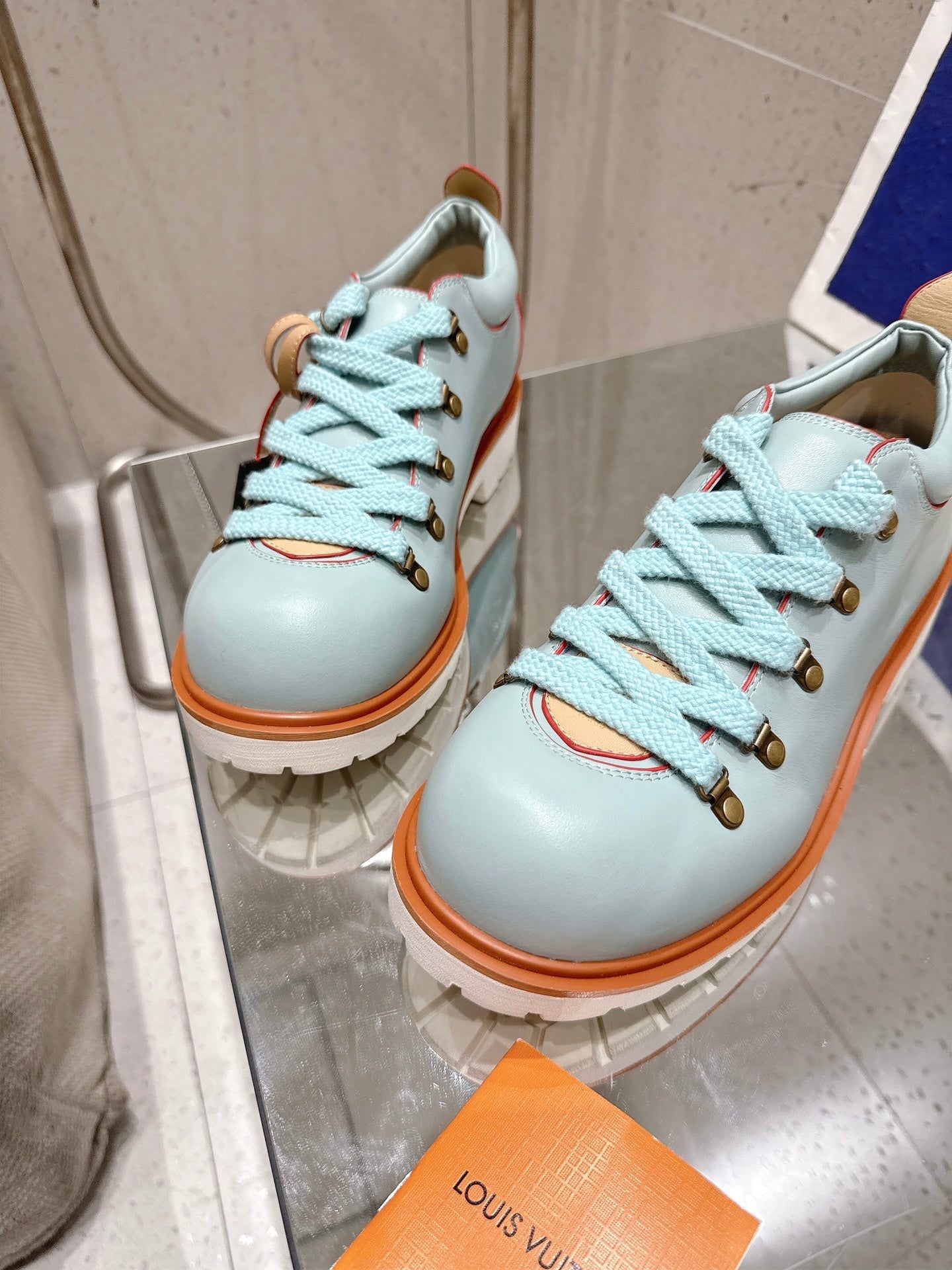 LV Pharrell and Nigo Hiking Shoes  Light Blue Orange Sheepskin 383740