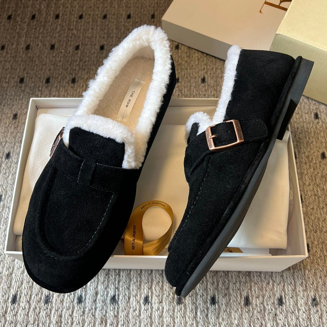 The Row 2025 Shearling Loafer Black White Suede Wool 561601