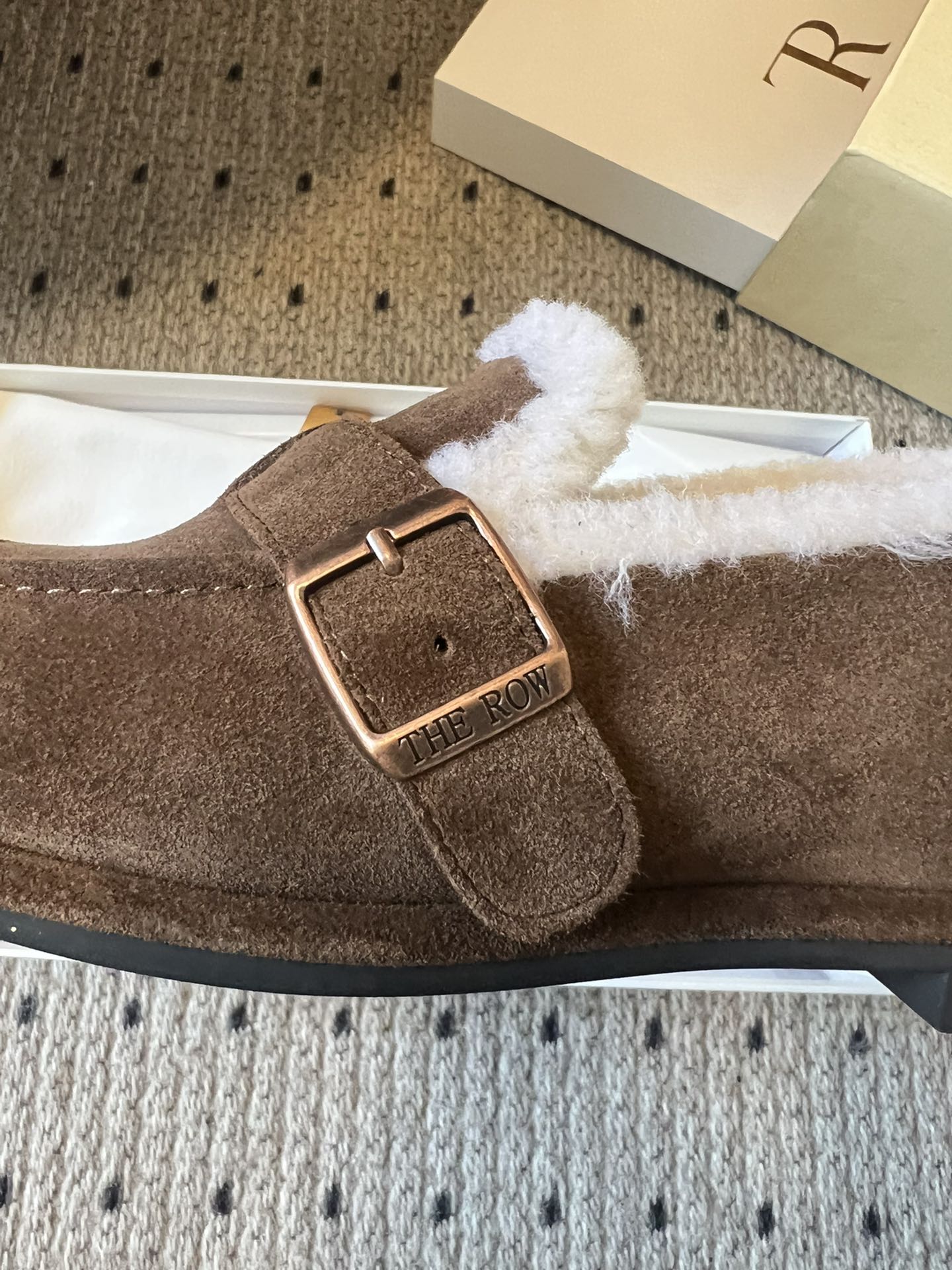 The Row 2025 Shearling Loafer Brown White Suede Wool 561602