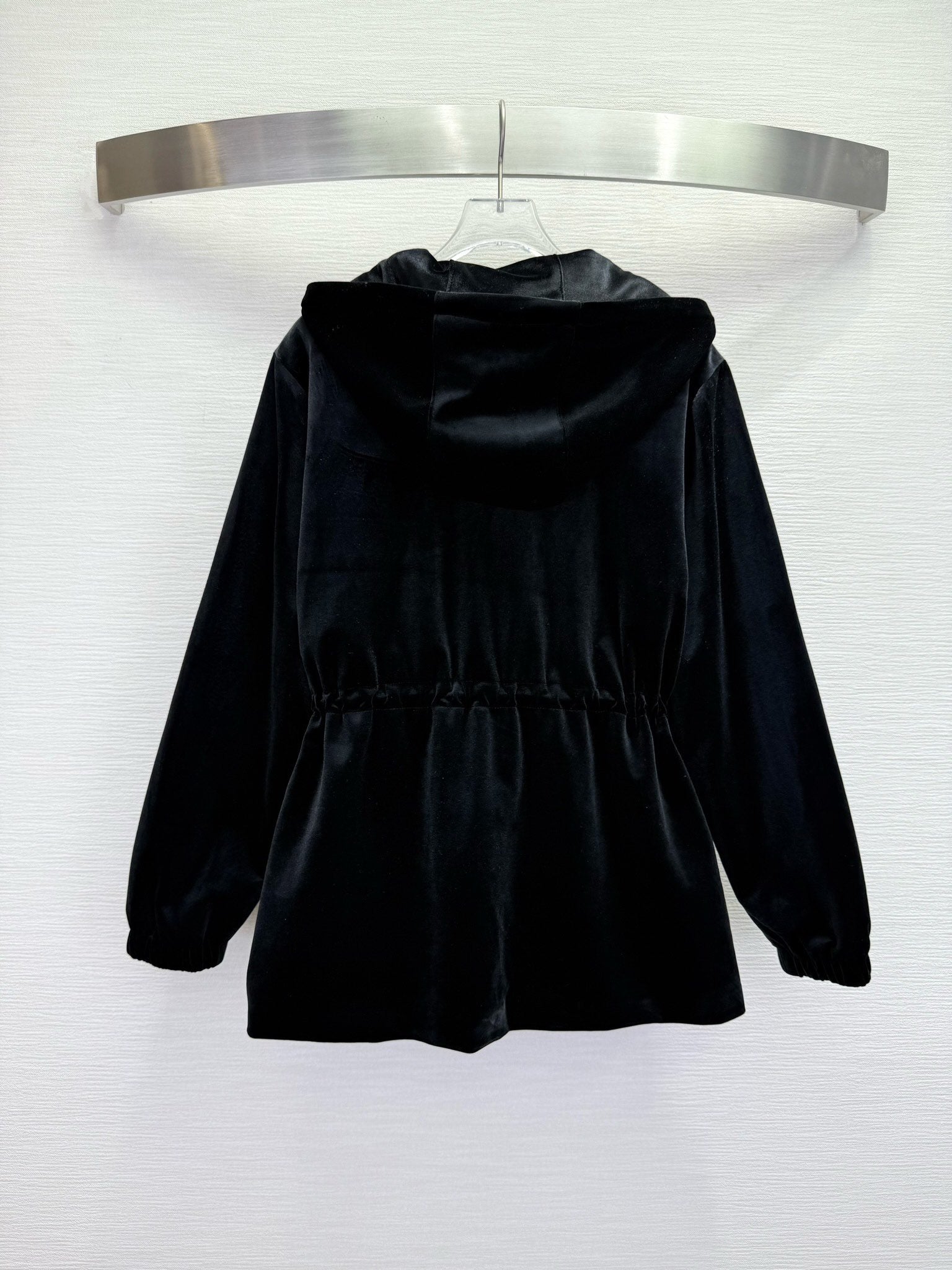 Prada 2025 Drawstring Waist Hooded Jacket Black Silk Velvet