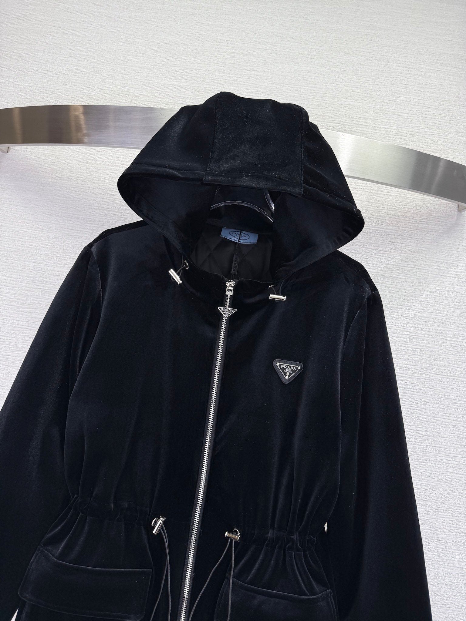 Prada 2025 Drawstring Waist Hooded Jacket Black Silk Velvet