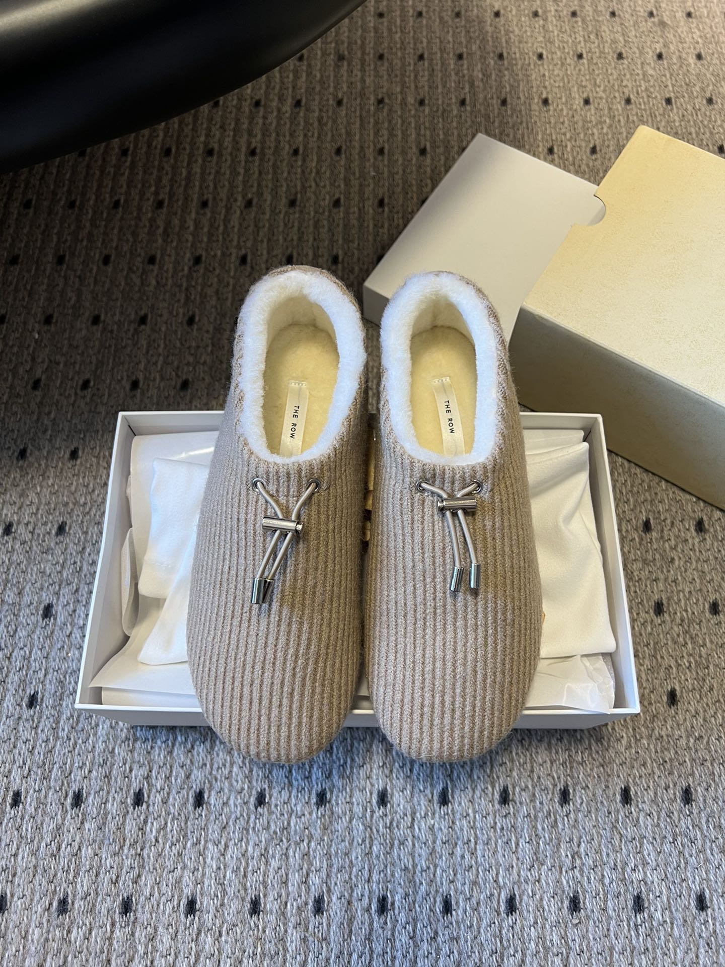 The Row 2025 Striped Furry Slipper Beige White Wool 561638