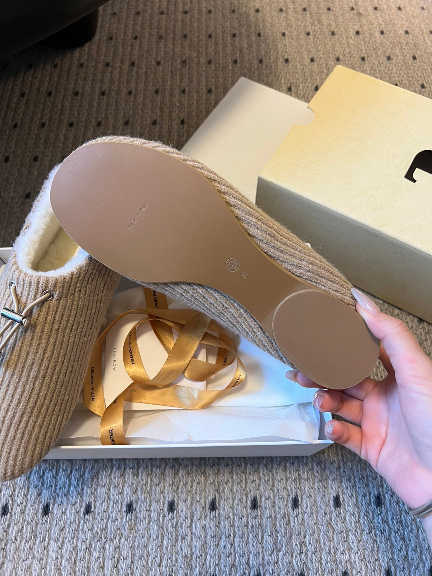 The Row 2025 Striped Furry Slipper Beige White Wool 561638