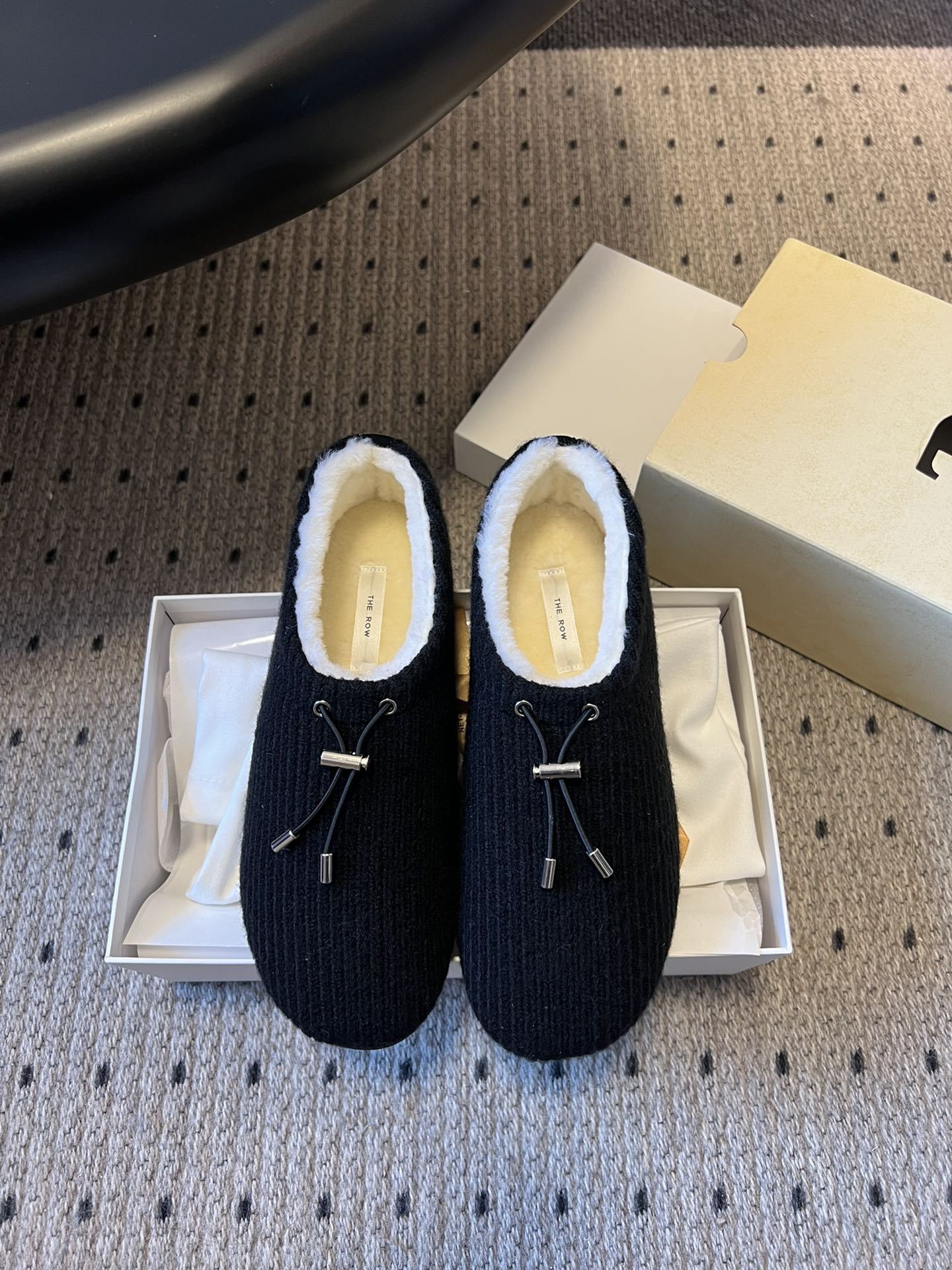 The Row 2025 Striped Furry Slipper Black White Wool 561636