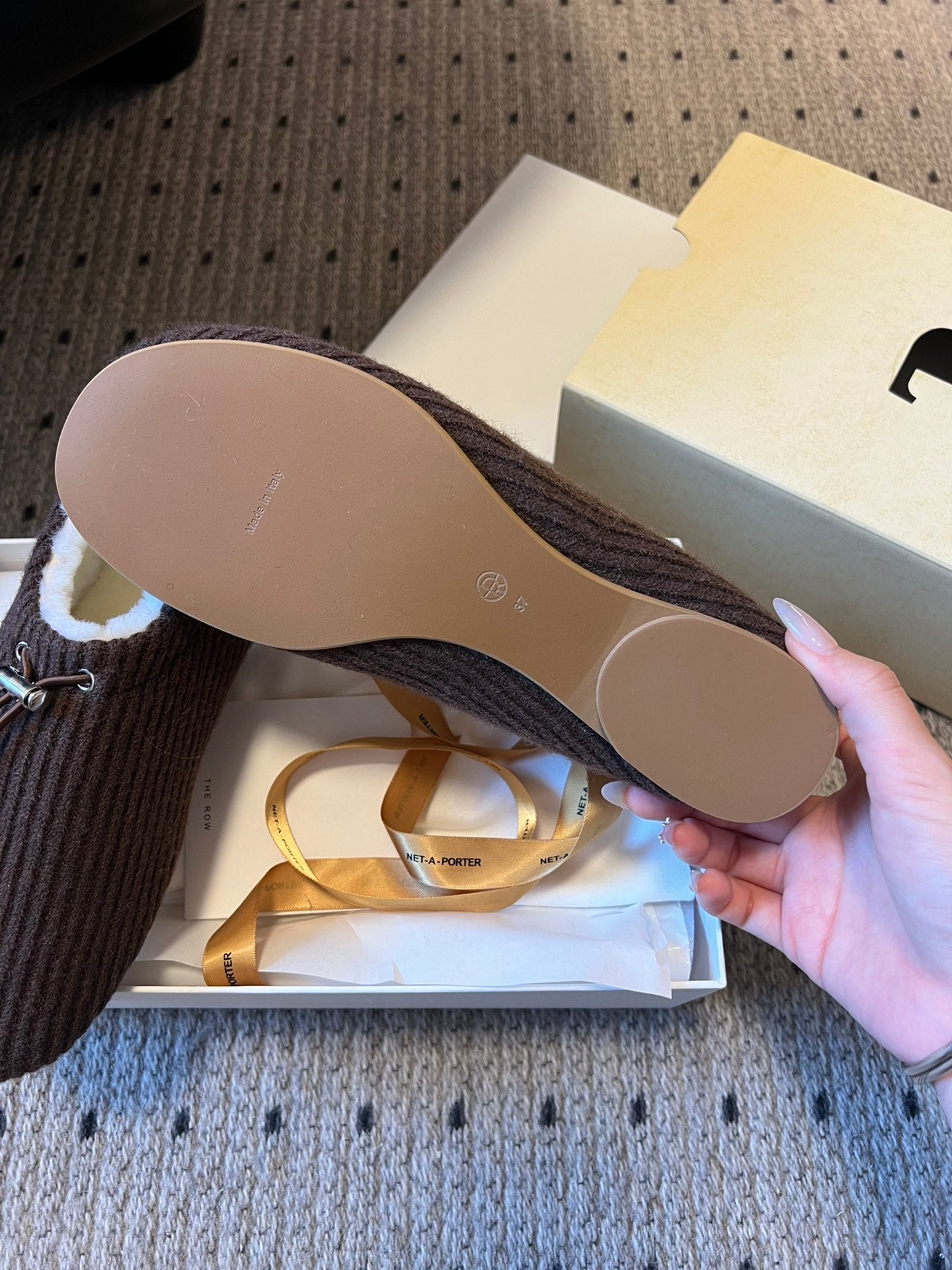 The Row 2025 Striped Furry Slipper Brown White Wool 561637